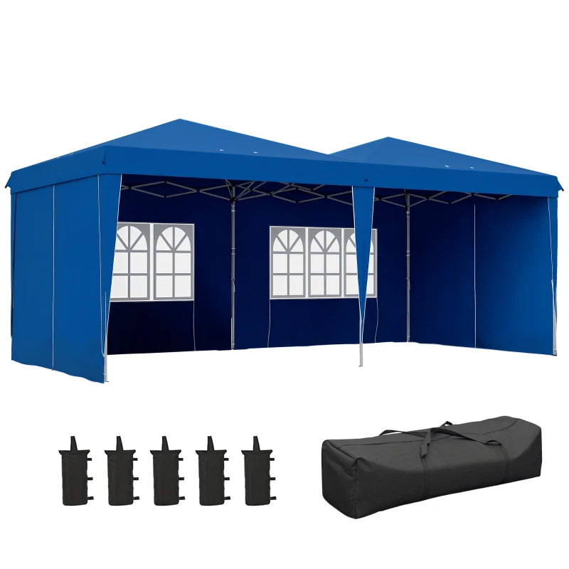 Outsunny Carpa de Jardín Plegable 6x3 m con Paredes Laterales Altura Ajustable Protección UV30+ Bolsa de Transporte Azul