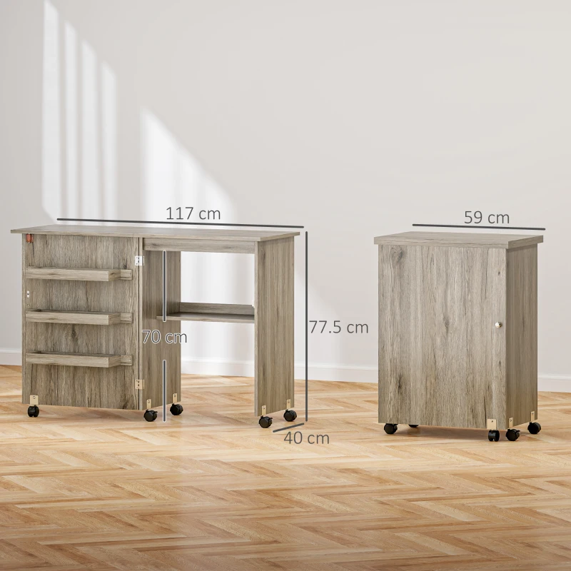 HOMCOM Table de couture pliante meuble couture à abattant avec bacs de rangement, étagère ouverte et roulettes effet bois grisé