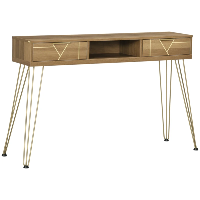 HOMCOM Tavolo Consolle in Truciolato e Acciaio per Ingresso e Soggiorno con Ripiano Aperto e 2 Cassetti, 120x29x79 cm