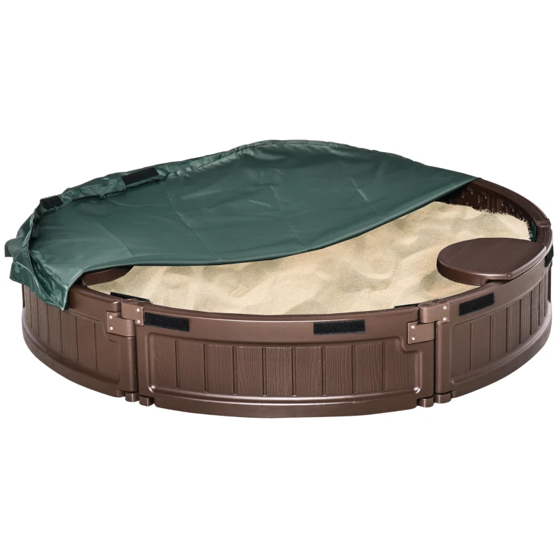 Outsunny Bac à Sable Rond Infantil en Plastique pour Extérieur avec Couverture et Revêtement en Tissu pour le Fonds Ø123x22,5 cm Marron