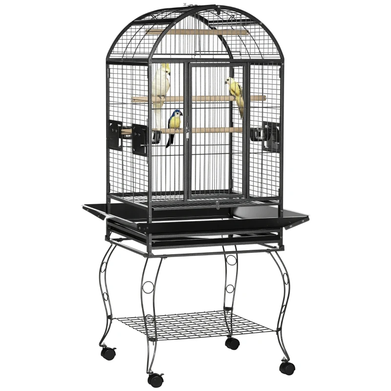 PawHut Gaiola para Pássaros Gaiola de Metal para Aves com 2 Portas Poleiros Bandeja Amovível e 4 Rodas 80x76,5x168 cm Cinza Escuro