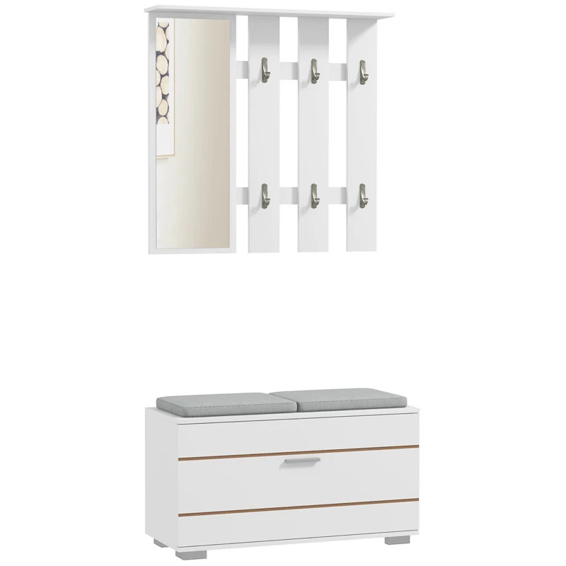 HOMCOM Set Meubles d'Entrée avec Porte-Manteau, Miroir, Banc avec Coussins et Meuble à Chaussures pour 8 Paires de Chaussures, Blanc