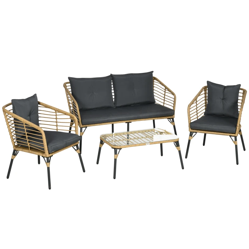 Outsunny Conjunto de Muebles de Ratán de 4 Piezas con Sofá de 2 Plazas 2 Sillones Mesa de Centro de Cristal Color Arena
