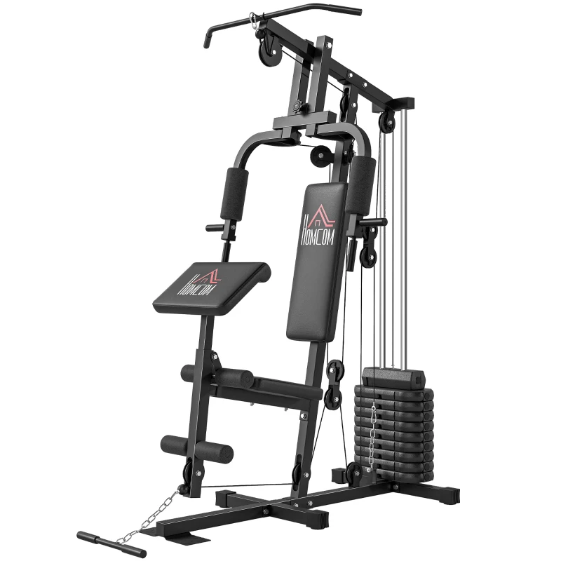 HOMCOM Stazione Fitness Multifunzione Power Tower con Pesi fino 45kg e Panca Imbottita, 135x103x210cm