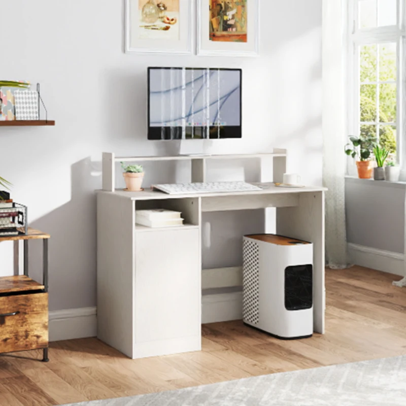 HOMCOM Bureau Moderne avec Support pour Écran, Armoire et Étagères, 108x50x94 cm, Crème