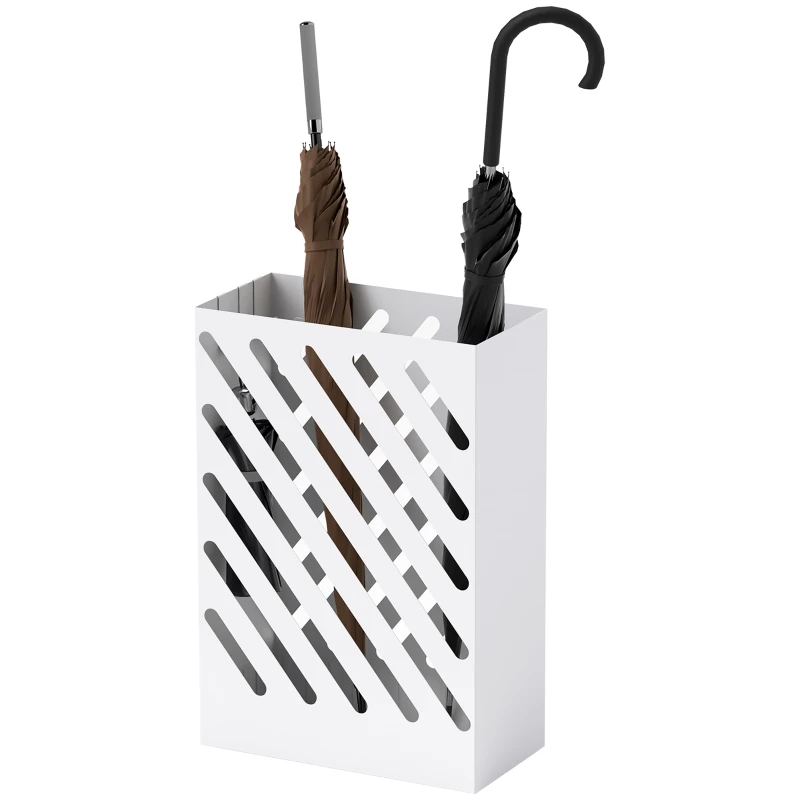 HOMCOM Porte-parapluie avec bac de récupération, 4 crochets, acier, 28L x 14l x 41H cm, Blanc