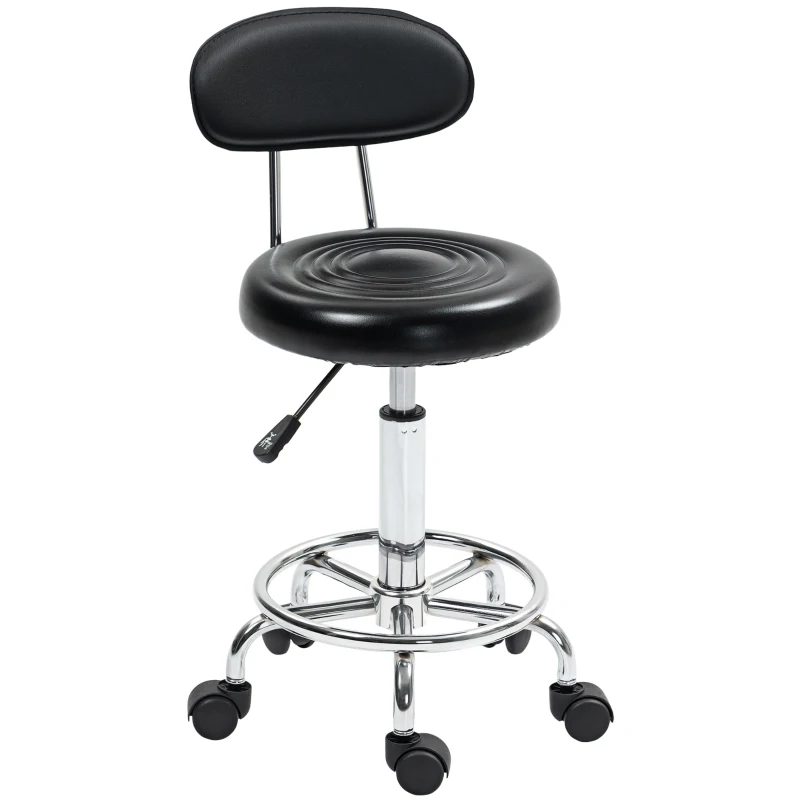 HOMCOM Banco Giratório com Rodas e Encosto Banco de Trabalho com Altura Ajustável Banco Estofado em Couro Sintético 32x40x70x70-86 cm Preto
