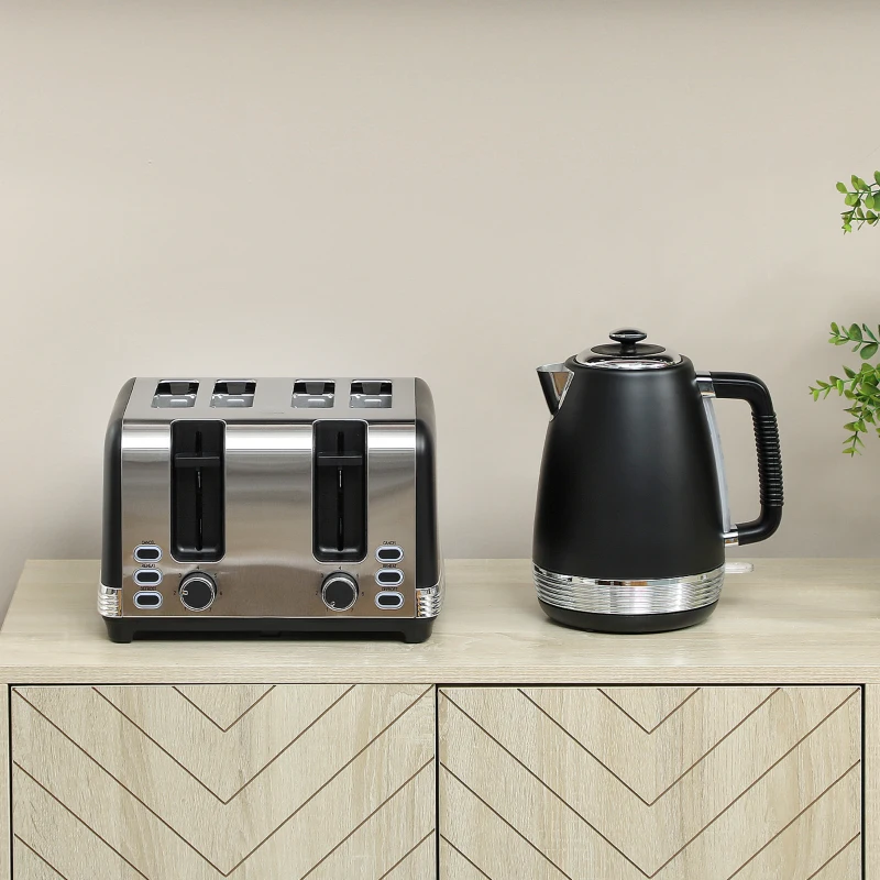 HOMCOM Stainless Steel Kettle and Toaster Set, 1.7L 3000W Rapid Boil Jug Kettle with UK Strix Thermostat, Limescale Filter, 4 Slice Toaster with 7 Browning Controls, Crumb Tray, Black and Silver Tone