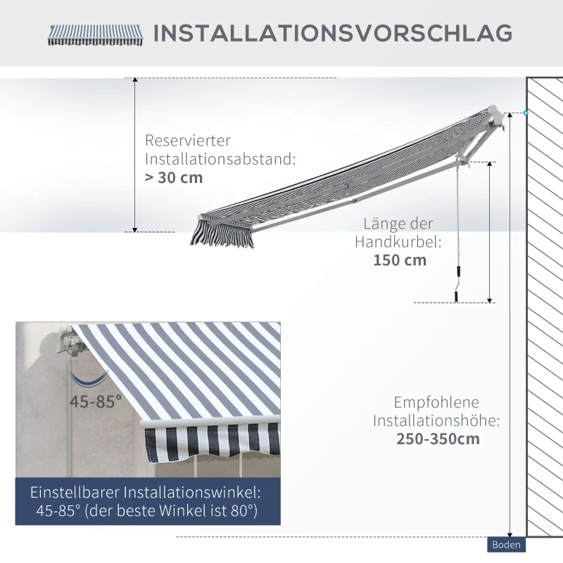 Outsunny Store Banne à Bras Articulés Protection Solaire Manivelle Balcon Aluminium Gris Blanc 2,95 x 2,45 m