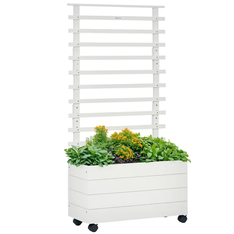 Outsunny Fioriera Verticale con 4 Ruote e Traliccio per Piante Rampicanti in Legno, 76x30x155cm, Bianco