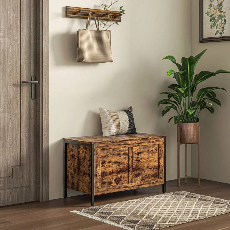 HOMCOM Coffre en Bois de 95L de Style Industriel avec Couvercle et Charnière de Sécurité, 80x40x49cm, Marron