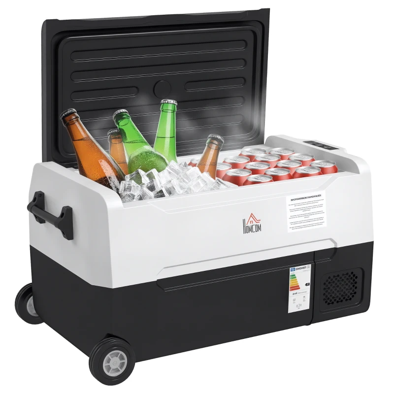 HOMCOM Nevera Compresor 30,5L -20℃-20℃ 12 / 24V DC y 100-240V CA con 2 Ruedas y Compartimento Congelador 72,6x39x37,3 cm Negro