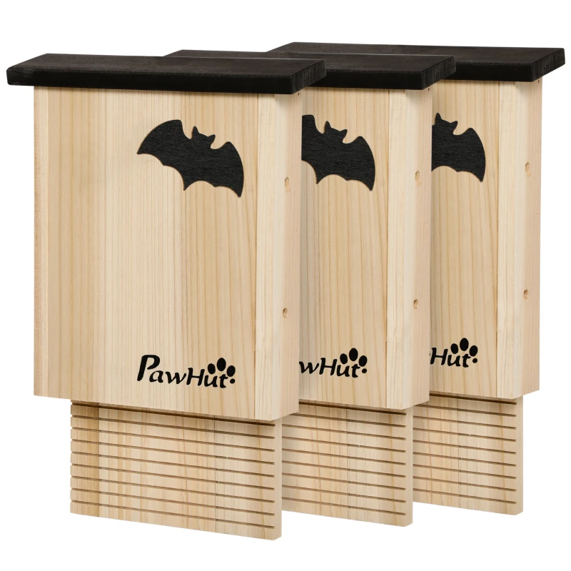PawHut Ensemble de 3 maisons de chauve-souris, résistant aux intempéries, jusqu'à 3 chauves-souris par maison, bois de pin traité, naturel + noir