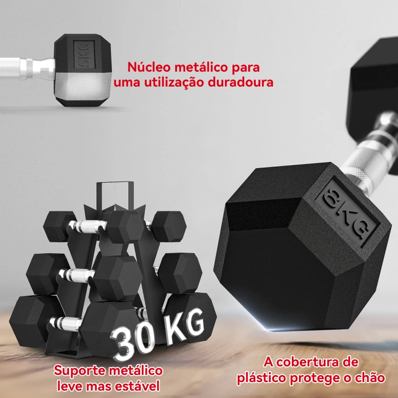 SPORTNOW Conjunto de Halteres 6 Peças 2 x 2 kg 2 x 5 kg 2 x 8 kg com Revestimento em Borracha Antideslizante e Suporte Preto