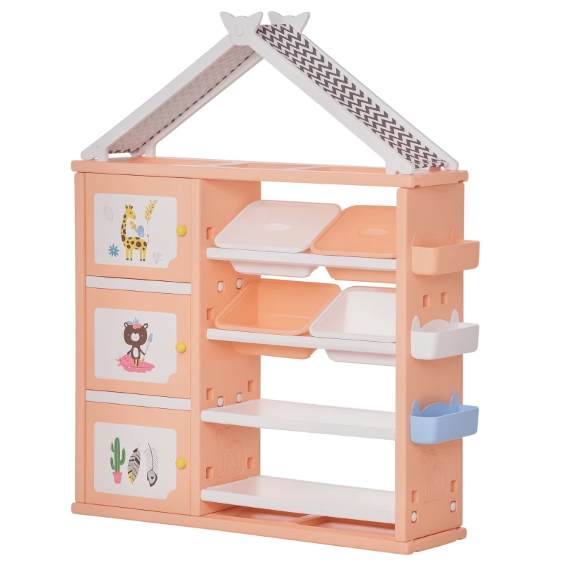 HOMCOM Armadio Cameretta, Mobile Portagiochi con 4 Contenitori, 3 Armadietti e Mensole in PE Arancione, 128x34x155cm