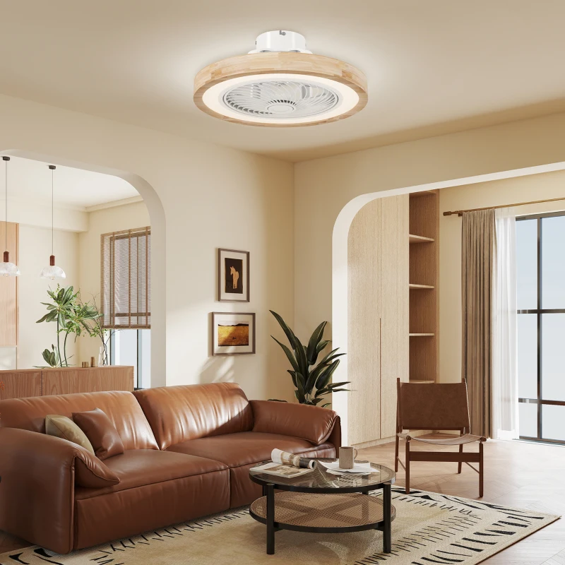 HOMCOM Ventilateur de plafond avec lumière et télécommande, 6 vitesses, luminosité réglable, moteur silencieux, marron clair