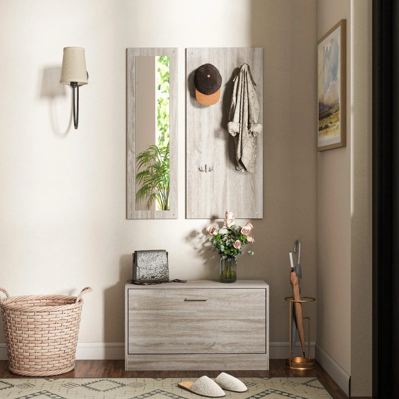 HOMCOM Ensemble d'Entrée 3 Pièces avec Meuble à Chaussures, Portemanteau et Miroir, en Bois et Verre, couleur Bois et Blanc