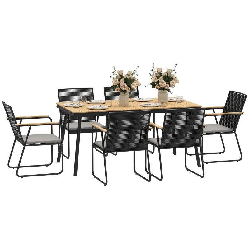 Outsunny Sitzgruppe 7-teilig Metall Essgruppe für 6 Personen Esstisch mit Tisch 6 Stühlen Esszimmergruppe Naturholz+Schwarz