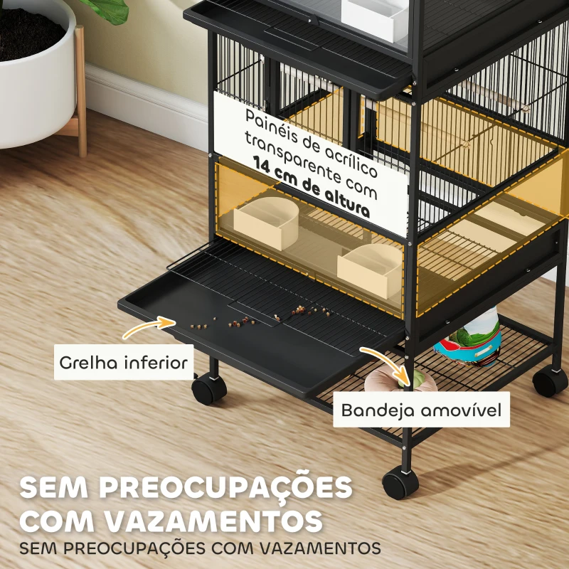 PawHut Gaiola para Pássaros de 2 Níveis com Rodas Painéis Acrílicos Comedouros Prateleira Bandejas Amovíveis  48x46x134,5 cm Preto