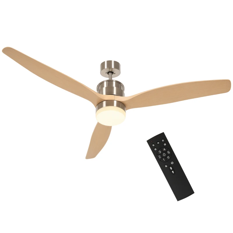 HOMCOM Ventilator de Tavan LED cu Telecomandă, 6 Viteze și Motor Reversibil, Briză și Temporizator, Ф132x43 cm, Lemn Natural