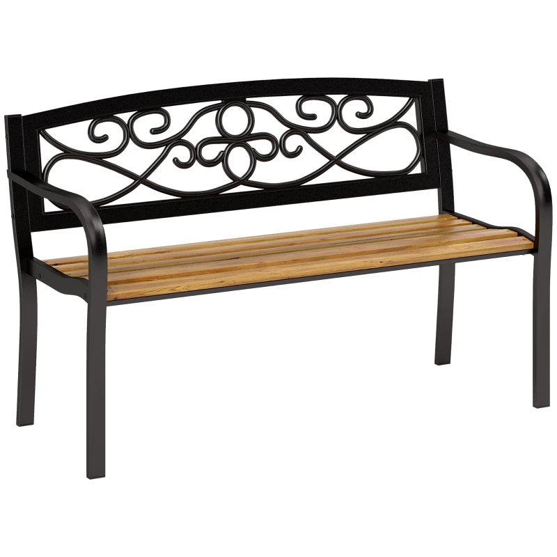 Outsunny Banco de Jardim de 2 Lugares Banco de Exterior com Assento de Madeira e Estrutura de Aço 127x56x80 cm Madeira e Preto