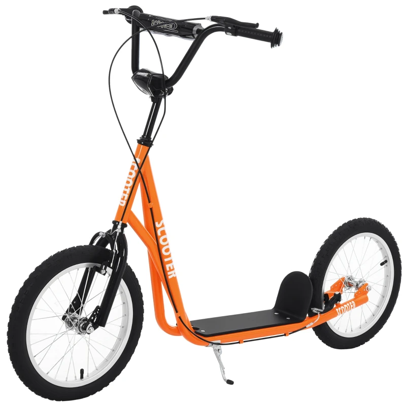 HOMCOM Scooter Patinete para Niños +5 Años y Adolescentes con Manillar Ajustable en Altura 2 Neumáticos de Caucho Inflable con Doble Freno y Ruedas 16" Carga 100 kg 139x58x90-96 cm Naranja