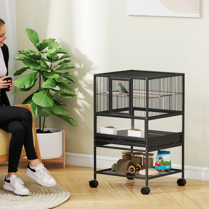 PawHut Cage pour Oiseaux avec Étagère Inférieure, Plateau et Grille Amovibles, en Acier et PP, 48x46x83 cm, Noir