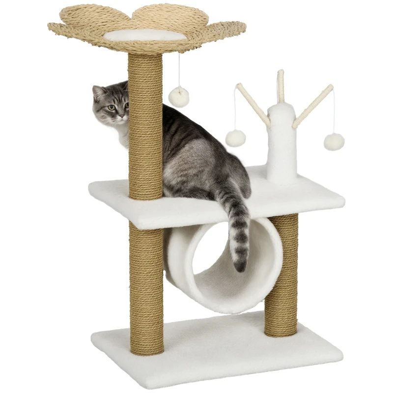 PawHut Arbre à chat griffoir sisal naturel tunnel plateforme style cosy chic quenouille peluche polyester 56 x 40 x 91cm beige