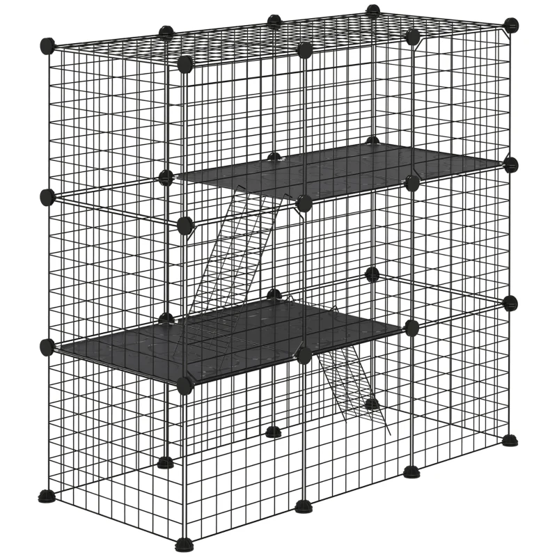 PawHut Jaula para Animales Pequeños de 31 Paneles Parque para Mascotas para Gatitos Conejos Chinchillas 105x45x105 cm Negro