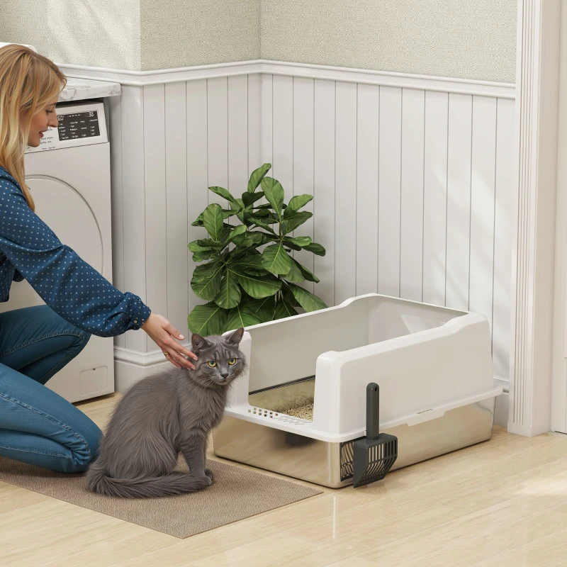 PawHut Litière pour Chats Imperméable avec Parois Surélevées, Bac et Pelle, en ABS, 71x50.8x35.5 cm, Blanc