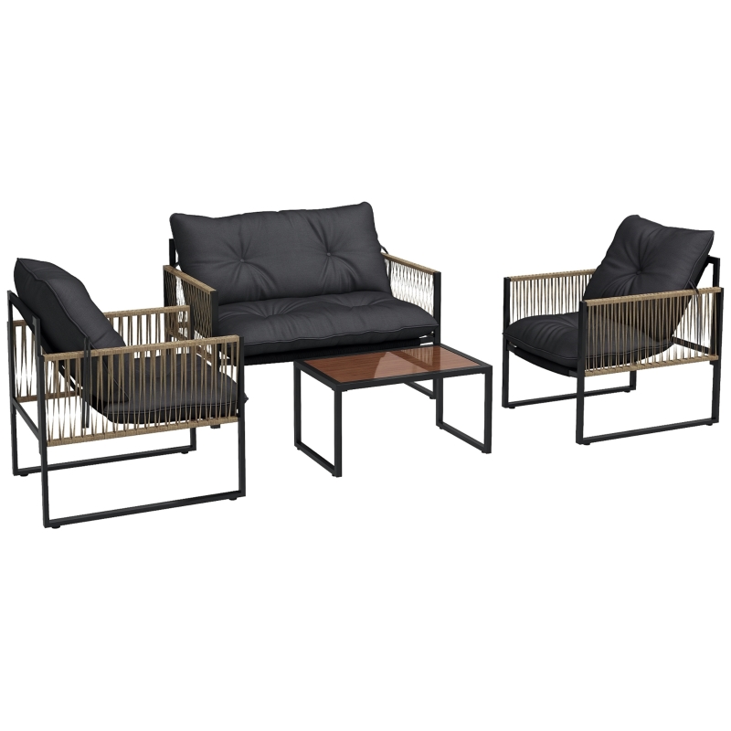 Outsunny Poggiapiedi Da Giardino In Rattan PE 50x50x35 Cm: Cuscino Imbottito E Struttura In Acciaio, Nero