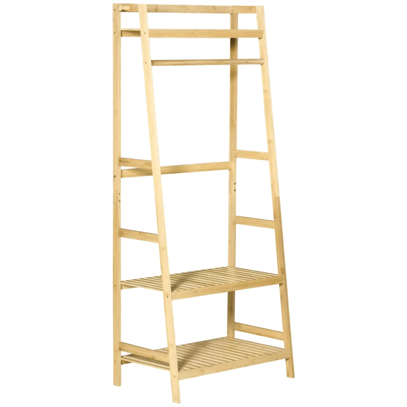 HOMCOM Perchero de Pie de Bambú Perchero Trapezoidal con Estantería de 3 Niveles con Barra y Colgador Lateral para Ropa Bolsas para Pared Dormitorio 70x42x164 cm Natural