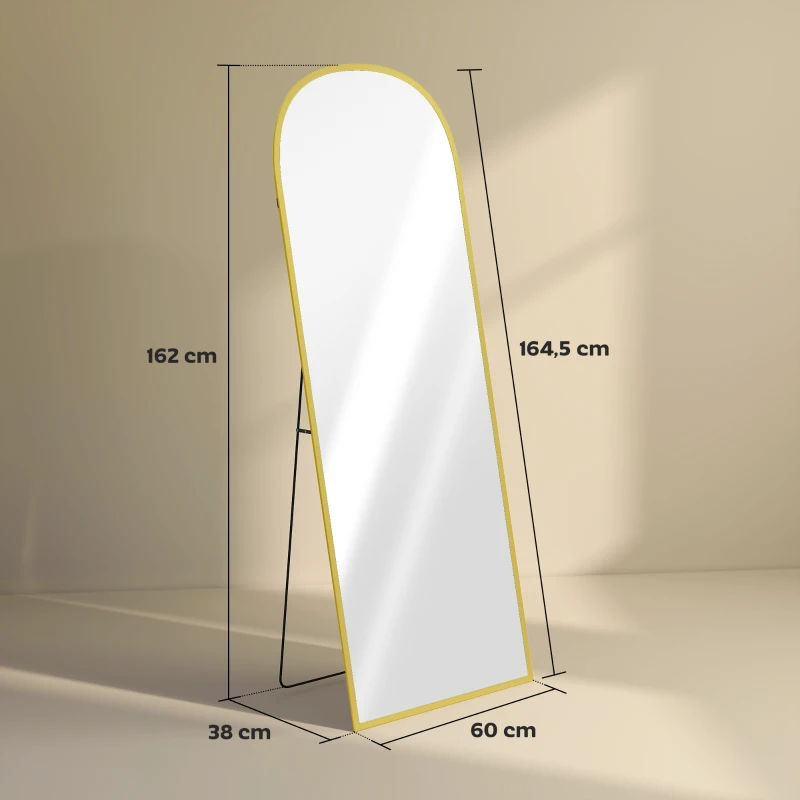 HOMCOM Espelho de Pé Espelho de Corpo Inteiro 60x165 cm com Estrutura de Liga de Alumínio e Suporte para Sala Quarto Dourado