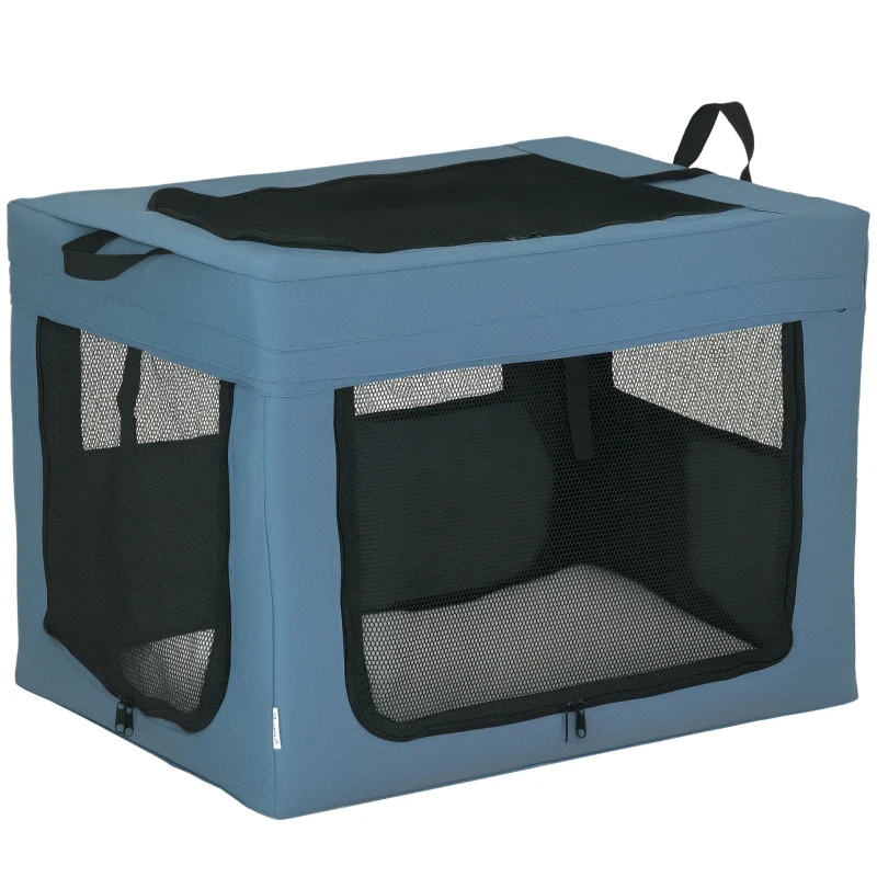 PawHut Transportadora para Cães e Gatos Portátil Dobrável com 3 Portas e Almofada Suave 69x51x51cm Azul