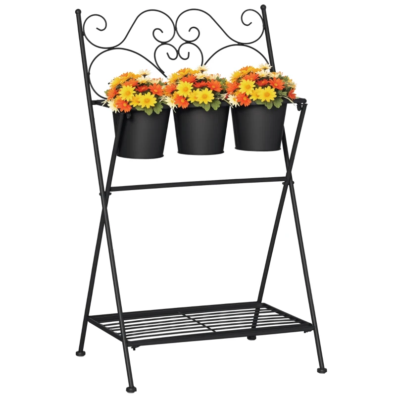 Outsunny Portapiante in Metallo Pieghevole con 3 Vasi e Ripiano Inferiore per Casa e Giardino, 47x37x78.5cm, Nero