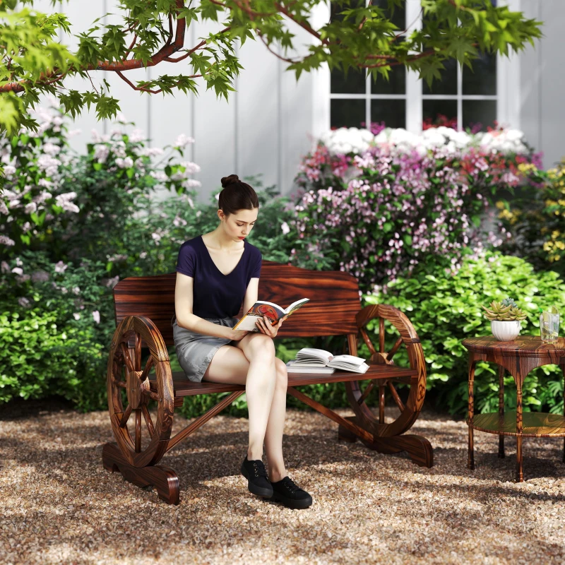 Outsunny Banc de jardin 2 places avec accoudoirs en forme de roue, Banc d'extérieur rustique pour terrasse, Véranda, Bois de sapin, Marron