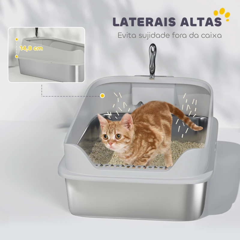 PawHut Caixa de Areia para Gatos em Aço Inoxidável XXL com Borda Alta Pá Fácil de Limpar À Prova de Fugas 70x50x30 cm Cinzento