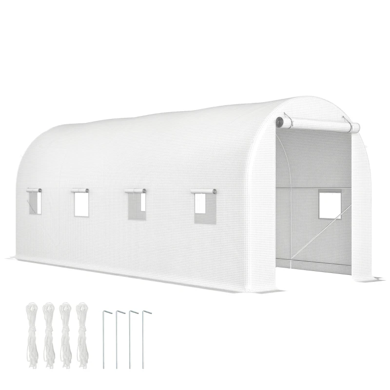 Outsunny Estufa tipo Túnel 500x200x205 cm Estufa de Jardim com Porta Enrolável e 8 Janelas Cobertura de PE 140 g/m² Branco