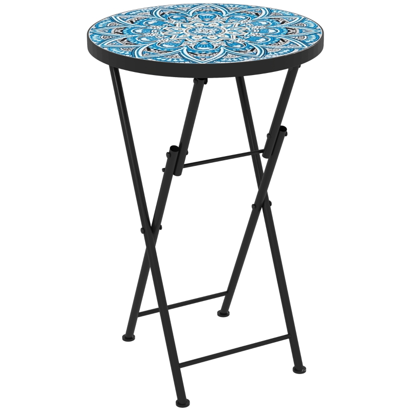 Outsunny Table de jardin en mosaïque, Table de terrasse ronde pliable avec cadre en métal et plateau en céramique, Motif mosaïque, Bleu