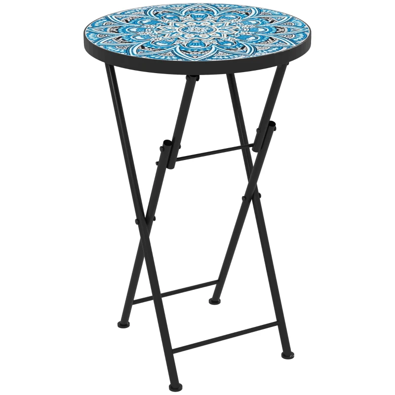 Outsunny Table de jardin en mosaïque, Table de terrasse ronde pliable avec cadre en métal et plateau en céramique, Motif mosaïque, Bleu