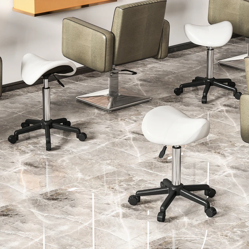 HOMCOM Sgabello a rotelle, sedia da lavoro con altezza regolabile 45-57 cm e sella ergonomica, 48x47x45-57cm, bianco