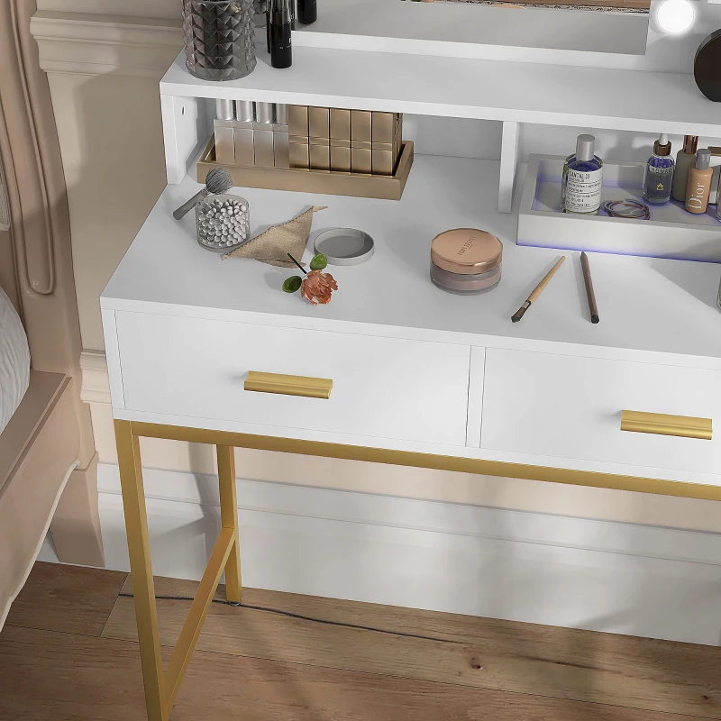 HOMCOM Mobile Coiffeuse avec Miroir, 2 Tiroirs, 5 Étagères et Tabouret, en MDF et Panneau de Particules, 80x40x138 cm, Blanc