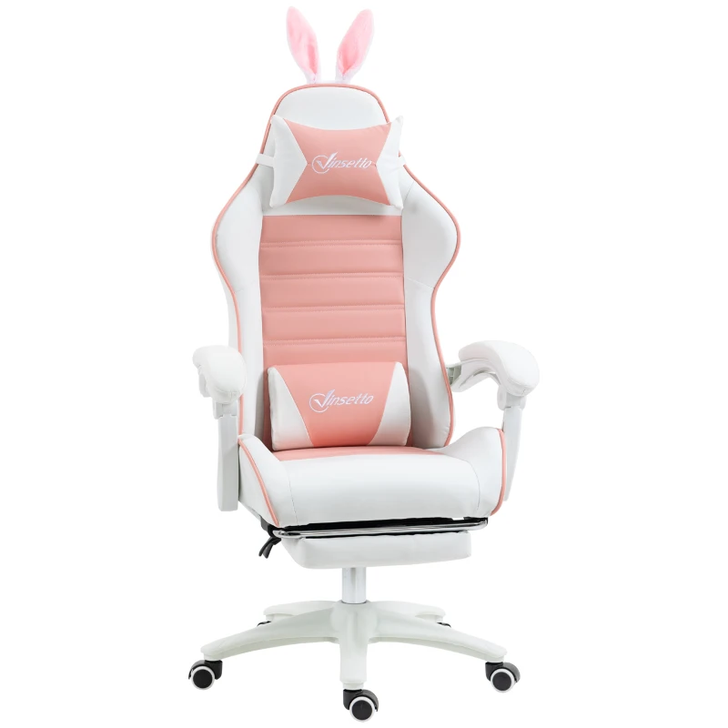 Vinsetto Sedia Gaming Ergonomica con Orecchie, Poggiapiedi Estraibile, Cuscino Lombare e Poggiatesta, Rosa