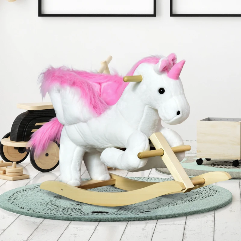 HOMCOM Cheval à Bascule Licorne avec Fonction Sonore, Patins en Bois et Poignées, Jouet à Bascule Peluche pour Enfants de 1,5 à 3 ans