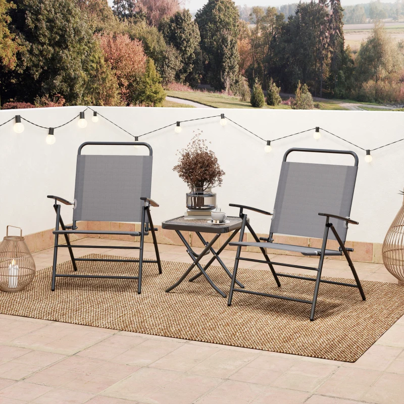Outsunny Ensemble de Jardin avec Table avec Plateau en Verre et 2 Chaises Pliables avec Dossier Réglable, Gris
