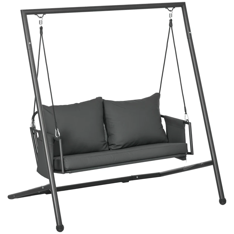 Outsunny Dondolo da Giardino 2 Posti con Cuscini e Tasche, in Acciaio e Textilene, 168x117x181 cm, Grigio Scuro