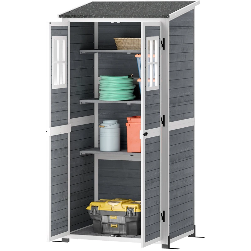 Outsunny Abri de Rangement de Jardin, Cabane à Outils avec 2 Fenêtres, Piquets de Sol, Toit en Asphalte, 91 x 69 x 192 cm, Bois de Sapin, Gris clair