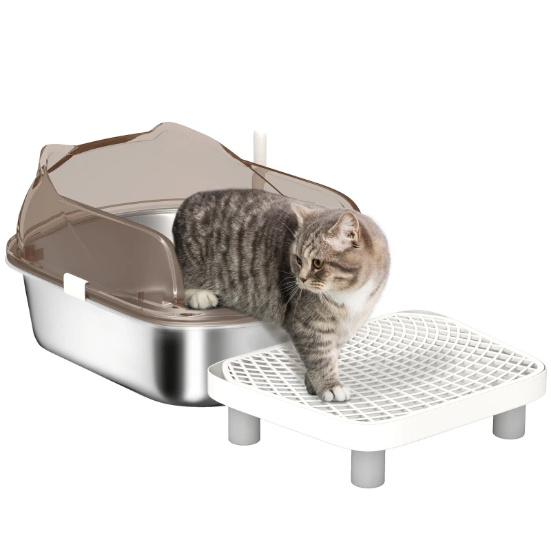 PawHut Stainless Steel Litter Box with Lid, High Wall Sided Enclosure, Pedal, Scoop, Non-Sticky, Anti-Leakage, Easy Cleaning