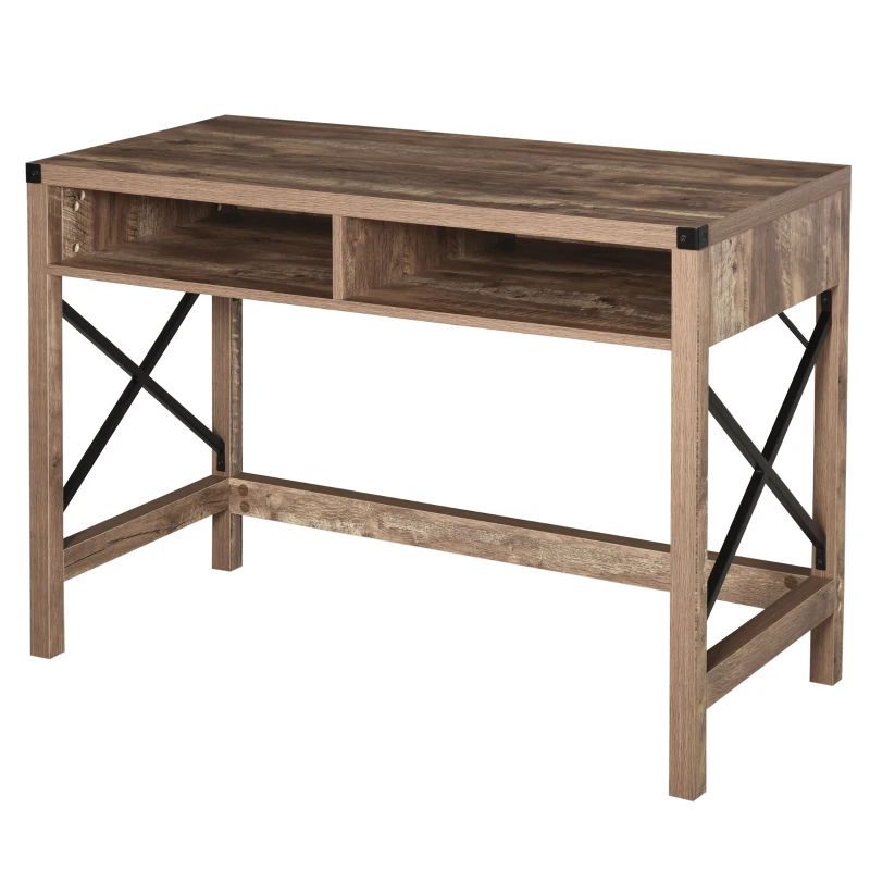 HOMCOM Bureau Design Industriel Grand Plateau 2 niches métal Noir Panneaux Particules Imitation Bois veinage Marron