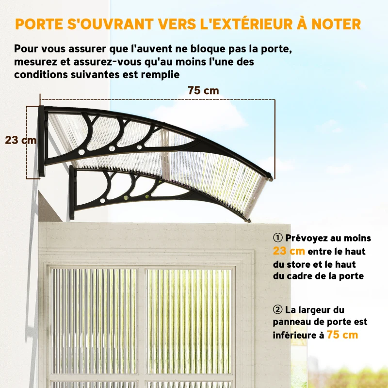 Outsunny Auvent de porte d'entrée, toit marquise de porte exterieur en polycarbonate et aluminium résistante toit abri protection contre la pluie et UV pour terrasse, balcon, 100 x 75 cm, transparent